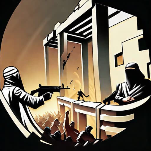  Editorial Illustration of Hamas and ISIS locked in a Battle of Ideologies, capturing intense determination and fervor as they clash. The scene unfolds against a backdrop of a shattered world, symbolizing the chaos and destruction caused by extremist ideologies. Dramatic lighting casts long, ominous shadows, underscoring the gravity of their conflict. Employ a bold and graphic illustration style that reflects the seriousness of the subject matter. Opt for an asymmetric composition to create a sense of dynamic tension. Infuse the palette with fiery reds and intense blacks, symbolizing danger and aggression, invoking a sense of urgency and unease.