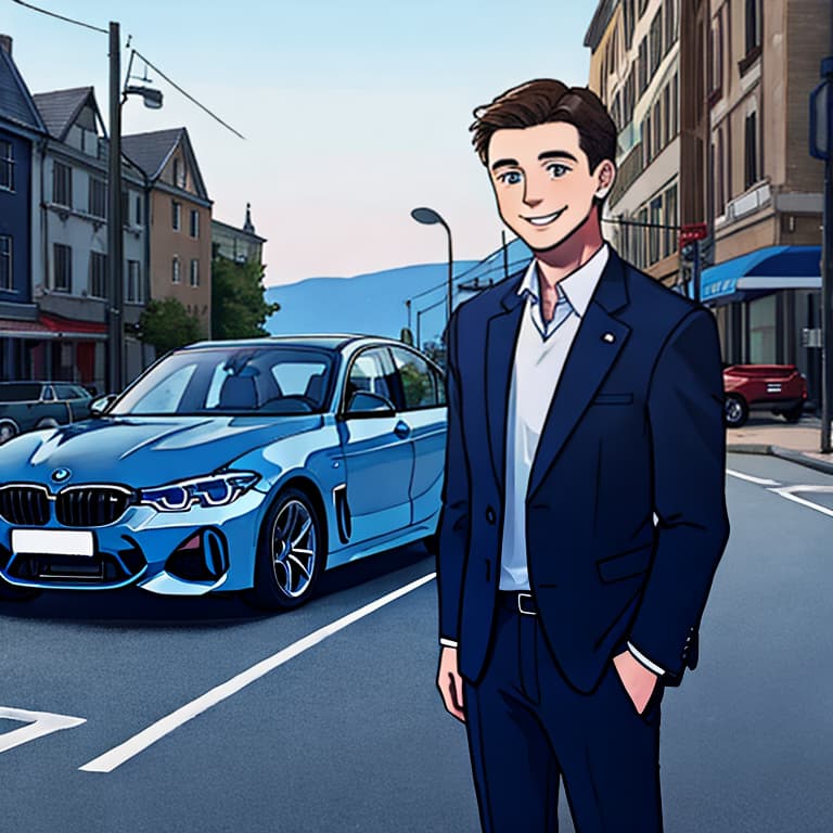  Digital illustration of a big white male hare in a smart suit. He smiles. He has a BMW blue car. On the background there is money.