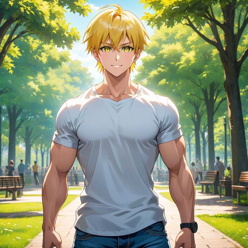  anime artwork High quality. A young man, muscular physique, green eyes, short yellow hair, combed back with a side part, wearing blue jeans, a white shirt, in a park, with scars, standing tall, sunny day, smiling. . anime style, key visual, vibrant, studio anime, highly detailed hyperrealistic, full body, detailed clothing, highly detailed, cinematic lighting, stunningly beautiful, intricate, sharp focus, f/1. 8, 85mm, (centered image composition), (professionally color graded), ((bright soft diffused light)), volumetric fog, trending on instagram, trending on tumblr, HDR 4K, 8K