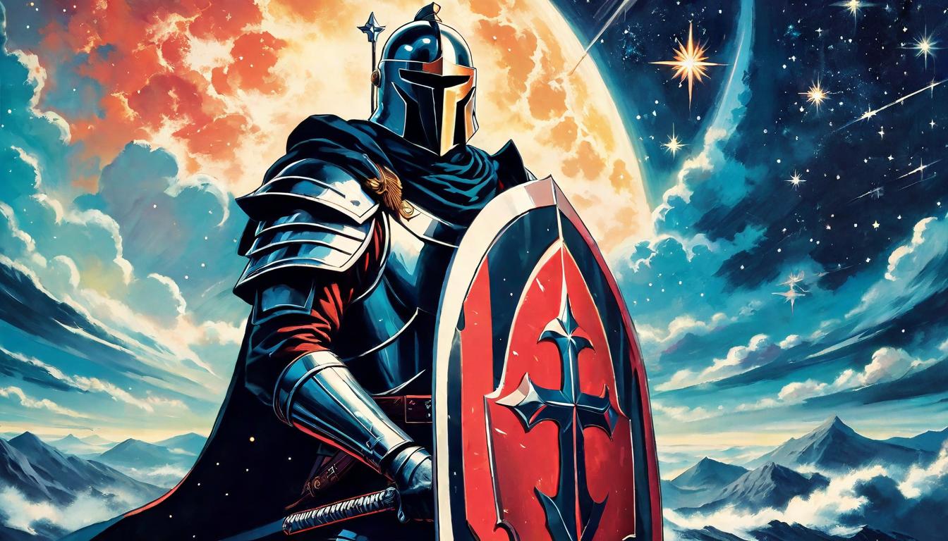  retro futuristic A shield and sword crossed against a backdrop of a starry night sky, representing vigilance and defense. Protection, spiritual warfare, celestial guidance, steadfastness and resolve lvintage sci fi, 50s and 60s style, atomic age, vibrant, highly detailed