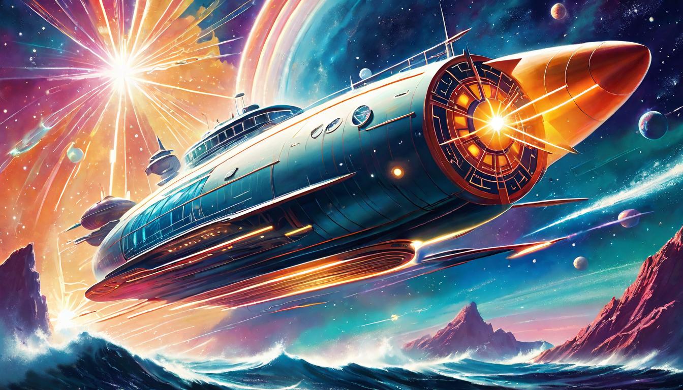  retro futuristic A sleek vessel navigating through a sea of stars, propelled by beams of light, DYNAMIC VOYAGE, STELLAR NAVIGATION, Cosmic currents guiding the path, ACTIVE ENGAGEMENT, JOURNEY OF LIGHT lvintage sci fi, 50s and 60s style, atomic age, vibrant, highly detailed