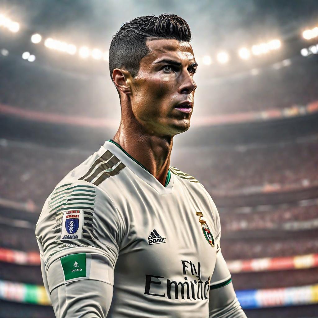  Cristiano Ronaldo con un mundial en mano hyperrealistic, full body, detailed clothing, highly detailed, cinematic lighting, stunningly beautiful, intricate, sharp focus, f/1. 8, 85mm, (centered image composition), (professionally color graded), ((bright soft diffused light)), volumetric fog, trending on instagram, trending on tumblr, HDR 4K, 8K