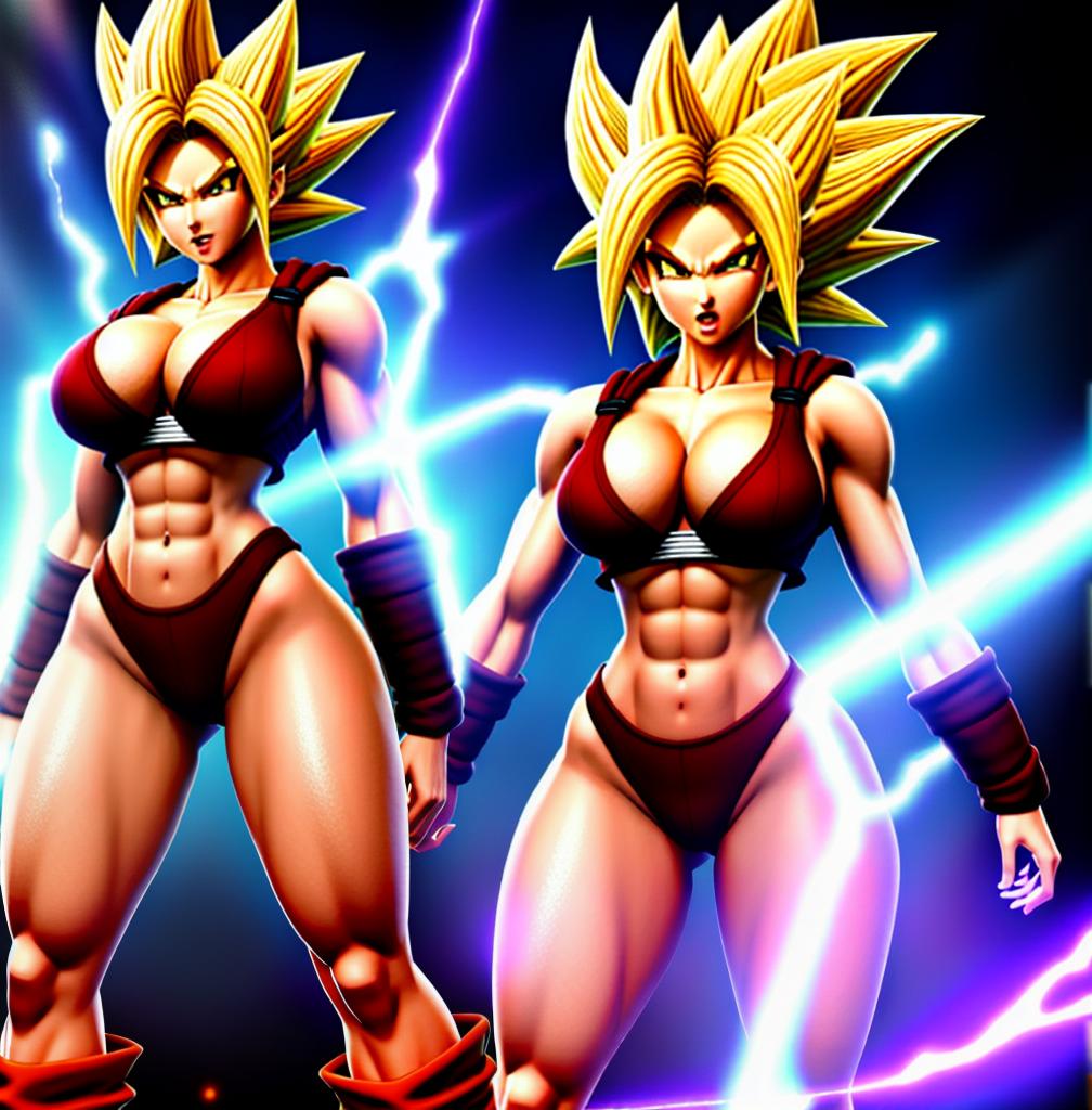  ((foto de cuerpo completo, pie plano, cuerpo recto)), ((laura {Super Super Saiyan mujer con grandes pechos})), ((lleva puesto son goku+Los disfraces de ella son extremadamente ajustados a su cuerpo.))