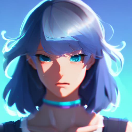 portrait+ style masterpiece. blurry background. loocing at viewers. 1girl. blue hair. Makoto Shinkai style. bangs. vibrant colors. 32K. high details. in the style skin art. blue eyes. full body. futures. beautiful.