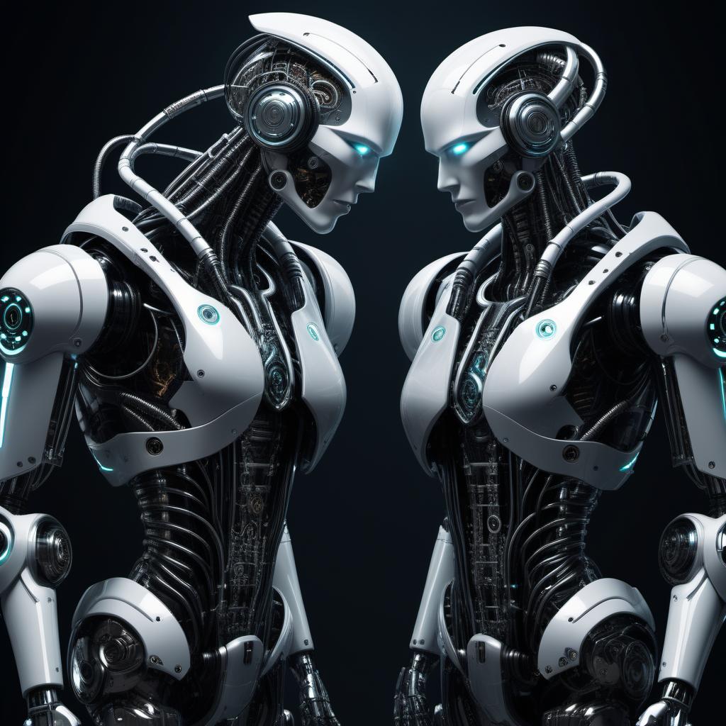  biomechanical cyberpunk two robots + opposition . cybernetics, human-machine fusion, dystopian, organic meets artificial, dark, intricate, highly detailed