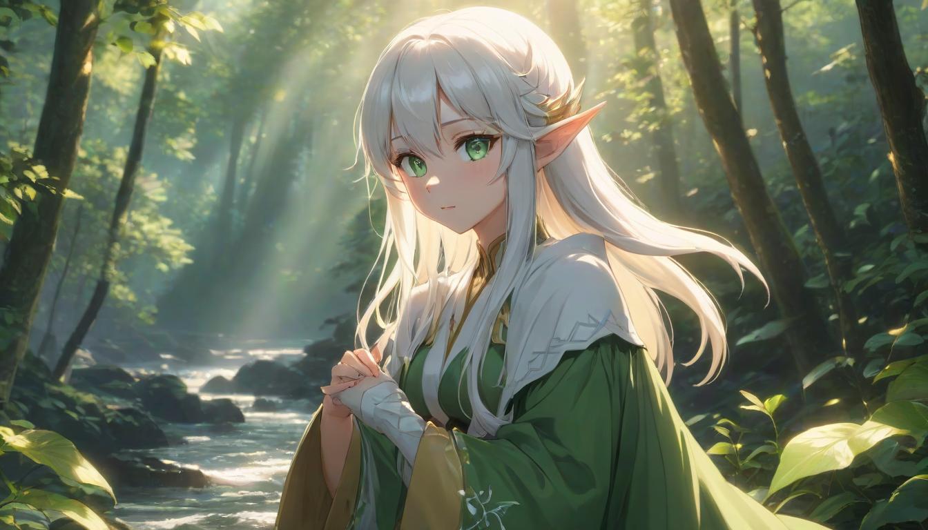  anime artwork anime elf , close up portrait from the waist up, she sits by the river in a dense forest, her charming and alluring appearance, emphasized by the rays of the sun, beauty with eyes, a look full of adventure, she has white hair, and green eyes, on shoulders robe, masterpiece: 2, best quality, ultra high resolution, original, extremely detailed, perfect lighting . anime style, key visual, vint, studio anime, highly detailed hyperrealistic, full body, detailed clothing, highly detailed, cinematic lighting, stunningly beautiful, intricate, sharp focus, f/1. 8, 85mm, (centered image composition), (professionally color graded), ((bright soft diffused light)), volumetric fog, trending on instagram, trending on tumblr, HDR 4K, 8K