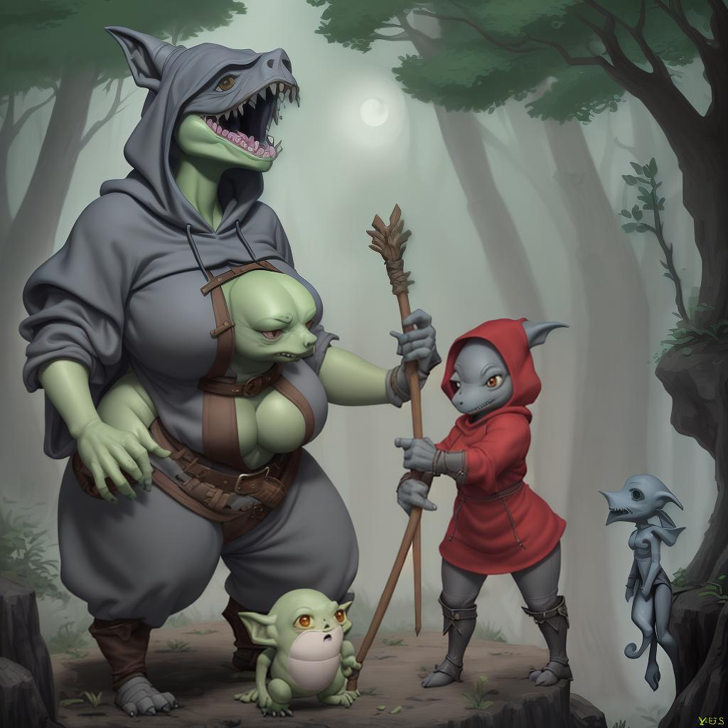  kobold female, common clothes, big , and xys body, holding stick, and greenghost , floating, grey color, cys body, with big bobbs. wear medieval clothes, black voat, big , xy body, wear red hoodie , bring peace to the worldknight, leather armor