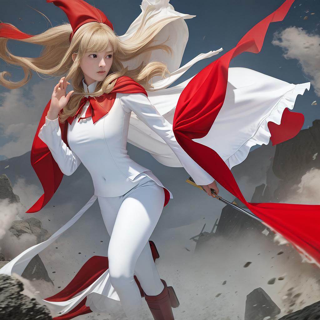  masterpiece, best quality, high round red cape white tang suit battlefield background