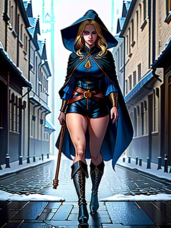  A young , long blond hair, blue eyes, in black shorts, in a black cloak from outside and blue inside, with a hood, in boots, with belts, with a closed blue umbrella in hand, on the street of a medieval city., magic, dragons, elves, castles, by Donato Giancola, Ruan Jia, Kekai Kotaki, Magali Villeneuve, Even Mehl Amundsen hyperrealistic, full body, detailed clothing, highly detailed, cinematic lighting, stunningly beautiful, intricate, sharp focus, f/1. 8, 85mm, (centered image composition), (professionally color graded), ((bright soft diffused light)), volumetric fog, trending on instagram, trending on tumblr, HDR 4K, 8K