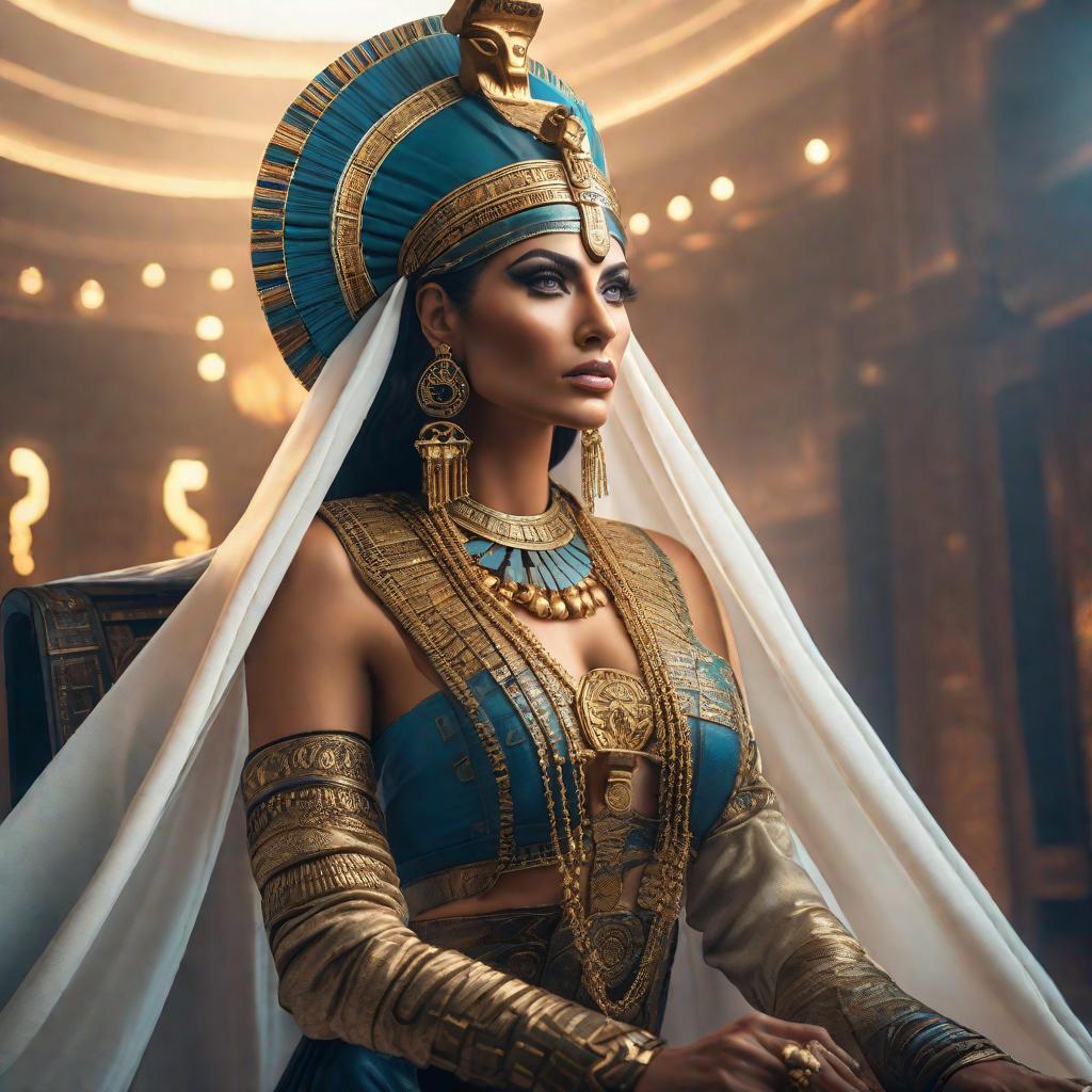  the true face of cleopatra hyperrealistic, full body, detailed clothing, highly detailed, cinematic lighting, stunningly beautiful, intricate, sharp focus, f/1. 8, 85mm, (centered image composition), (professionally color graded), ((bright soft diffused light)), volumetric fog, trending on instagram, trending on tumblr, HDR 4K, 8K