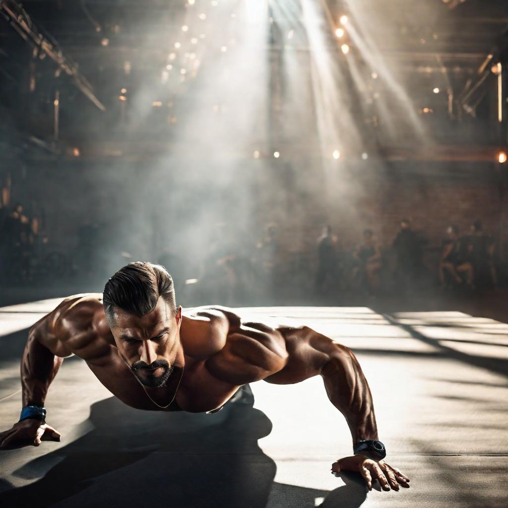  Man doing Pike Push Ups in a Gym.  hyperrealistic, full body, detailed clothing, highly detailed, cinematic lighting, stunningly beautiful, intricate, sharp focus, f/1. 8, 85mm, (centered image composition), (professionally color graded), ((bright soft diffused light)), volumetric fog, trending on instagram, trending on tumblr, HDR 4K, 8K