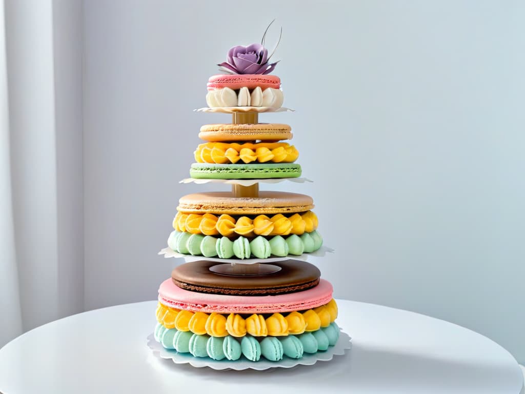  An image of a delicately crafted macaron tower, each pastelcolored macaron meticulously placed on top of one another, set against a stark white background. The macarons are arranged in a gradient from soft pink to lavender to aqua, evoking a sense of synesthesia as the viewer can almost taste the harmonious blend of flavors just by looking at the image. hyperrealistic, full body, detailed clothing, highly detailed, cinematic lighting, stunningly beautiful, intricate, sharp focus, f/1. 8, 85mm, (centered image composition), (professionally color graded), ((bright soft diffused light)), volumetric fog, trending on instagram, trending on tumblr, HDR 4K, 8K