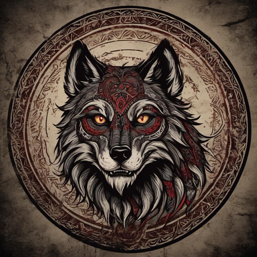  tribal style Logo, detailed Fenrir from Norse mythology facing a full moon, 4k, horrors, cruelty, blood. . indigenous, ethnic, traditional patterns, bold, natural colors, highly detailed