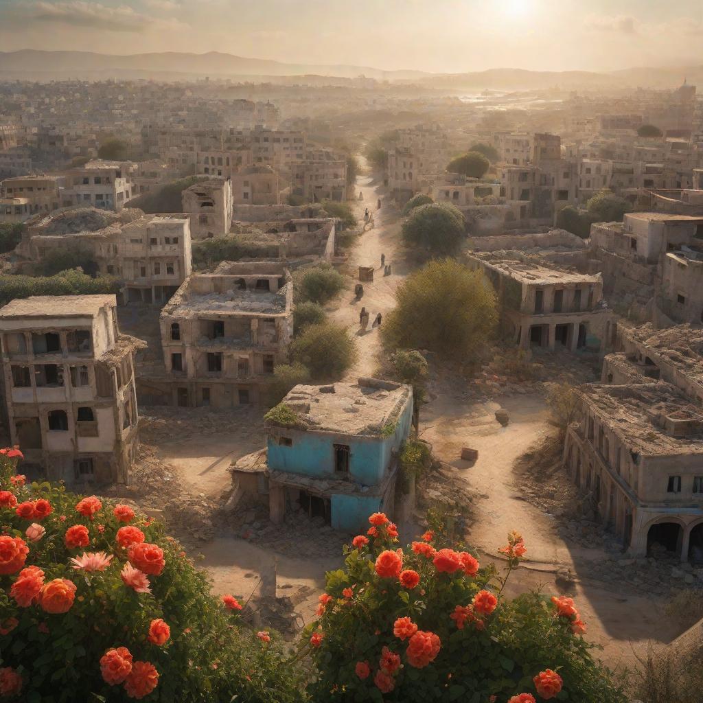  A picture of Gaza showing destroyed buildings and ruins from the war. Despite the destruction, colorful spring flowers are blooming everywhere, and trees are starting to green. There is a sense of hope and renewal amidst the ruins., realistic, portrait, art by donato giancola and greg rutkowski, realistic face, digital art, trending on artstation hyperrealistic, full body, detailed clothing, highly detailed, cinematic lighting, stunningly beautiful, intricate, sharp focus, f/1. 8, 85mm, (centered image composition), (professionally color graded), ((bright soft diffused light)), volumetric fog, trending on instagram, trending on tumblr, HDR 4K, 8K