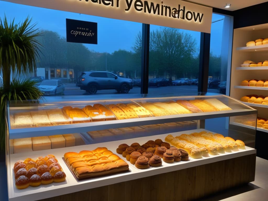  A minimalist, highresolution image of a modern ecofriendly bakery storefront with large glass windows showcasing a beautifully arranged display of sustainable packaged pastries and cakes. The exterior features a sleek, wooden sign with the bakery's name in elegant, ecofriendly font, surrounded by hanging plants and a few strategically placed recycled materials like wooden crates and metal accents. The soft natural light highlights the earthy tones of the facade, creating a warm and inviting atmosphere that perfectly embodies the concept of sustainable merchandising for a conscious bakery. hyperrealistic, full body, detailed clothing, highly detailed, cinematic lighting, stunningly beautiful, intricate, sharp focus, f/1. 8, 85mm, (centered image composition), (professionally color graded), ((bright soft diffused light)), volumetric fog, trending on instagram, trending on tumblr, HDR 4K, 8K