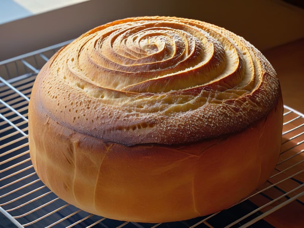  An ultradetailed closeup image of a perfectly goldenbrown sourdough loaf, freshly baked and cooling on a wire rack. The crust glistens with a thin layer of moisture, showcasing intricate patterns of cracks and bubbles. The lighting captures every contour and texture of the loaf, highlighting the craftsmanship and skill that went into its creation. hyperrealistic, full body, detailed clothing, highly detailed, cinematic lighting, stunningly beautiful, intricate, sharp focus, f/1. 8, 85mm, (centered image composition), (professionally color graded), ((bright soft diffused light)), volumetric fog, trending on instagram, trending on tumblr, HDR 4K, 8K