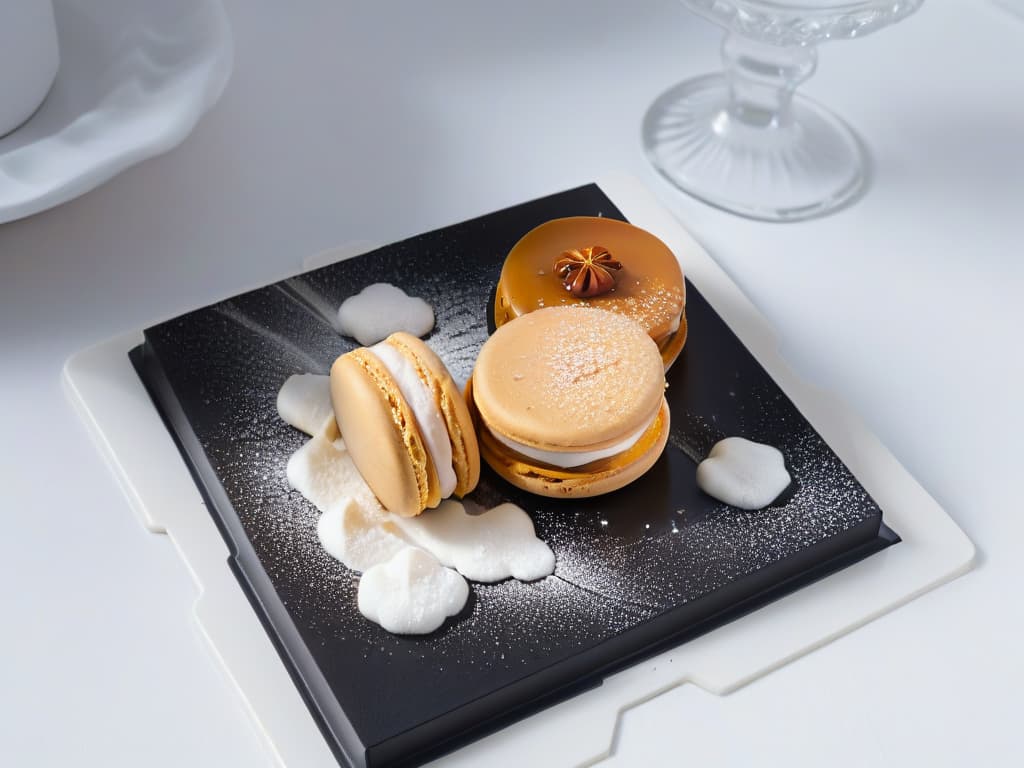  A sleek, minimalist dessert plate featuring a single perfectly crafted macaron with a delicate drizzle of caramel sauce, resting on a bed of fine white sugar crystals. The macaron is elegantly placed offcenter on a square, matte black plate, surrounded by subtle shadows that highlight its flawless texture and exquisite details. The background is a soft gradient from light gray to white, emphasizing the simplicity and sophistication of the dessert presentation. hyperrealistic, full body, detailed clothing, highly detailed, cinematic lighting, stunningly beautiful, intricate, sharp focus, f/1. 8, 85mm, (centered image composition), (professionally color graded), ((bright soft diffused light)), volumetric fog, trending on instagram, trending on tumblr, HDR 4K, 8K