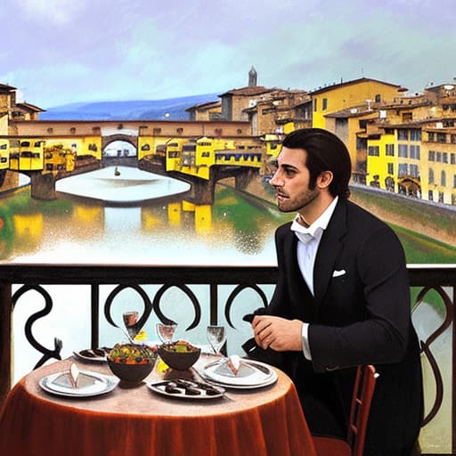  Attractive Beautiful young modern Italian couple dressed in modern designer attire looking. Foreground plates of fine dark chocolates on a table. Background ponte vecchio bridge florence. Painting style of Edgar Degas