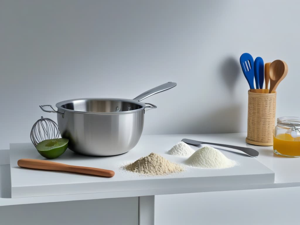  A sleek, minimalistic image of a pristine white marble countertop with a precisely arranged set of essential baking utensils: a French rolling pin, a stainless steel whisk, a set of measuring spoons, a silicone spatula, a flour sifter, a digital kitchen scale, a pastry brush, and a set of colorful mixing bowls in varying sizes. The utensils are spotlessly clean and gleam gently under the soft, natural lighting, creating a visually appealing and aspirational kitchen scene that is both elegant and inviting. hyperrealistic, full body, detailed clothing, highly detailed, cinematic lighting, stunningly beautiful, intricate, sharp focus, f/1. 8, 85mm, (centered image composition), (professionally color graded), ((bright soft diffused light)), volumetric fog, trending on instagram, trending on tumblr, HDR 4K, 8K