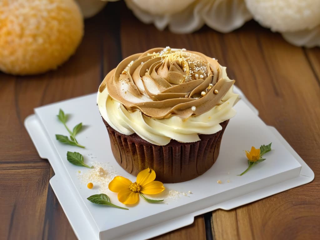  A photorealistic image of a beautifully decorated vegan organic cupcake with intricate details such as delicate swirls of frosting, edible flowers, and a sprinkle of shimmering gold dust on top, displayed on a rustic wooden table with soft natural lighting highlighting the textures and colors of the cupcake. hyperrealistic, full body, detailed clothing, highly detailed, cinematic lighting, stunningly beautiful, intricate, sharp focus, f/1. 8, 85mm, (centered image composition), (professionally color graded), ((bright soft diffused light)), volumetric fog, trending on instagram, trending on tumblr, HDR 4K, 8K