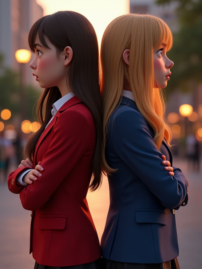  professional 3d model two girls, close look, (standing back to back to each other), one with brown long hair looking down anxiously, angry, red modern suit and dark skirt, the other with golden long hair gazing up gratefully, happy, blue suit and black skirt, detailed face, emotional expression, quiet city park at dusk, glowing streetlights, soft breeze, warm sunset hues, detailed expressive faces, realistic, dynamic lighting, contemplative mood, highly detailed, beautiful texture, subtle wind, nikon d850, rich colors, lifelike texture, cinematic atmosphere, artstation trending. octane render, highly detailed, volumetric, dramatic lighting