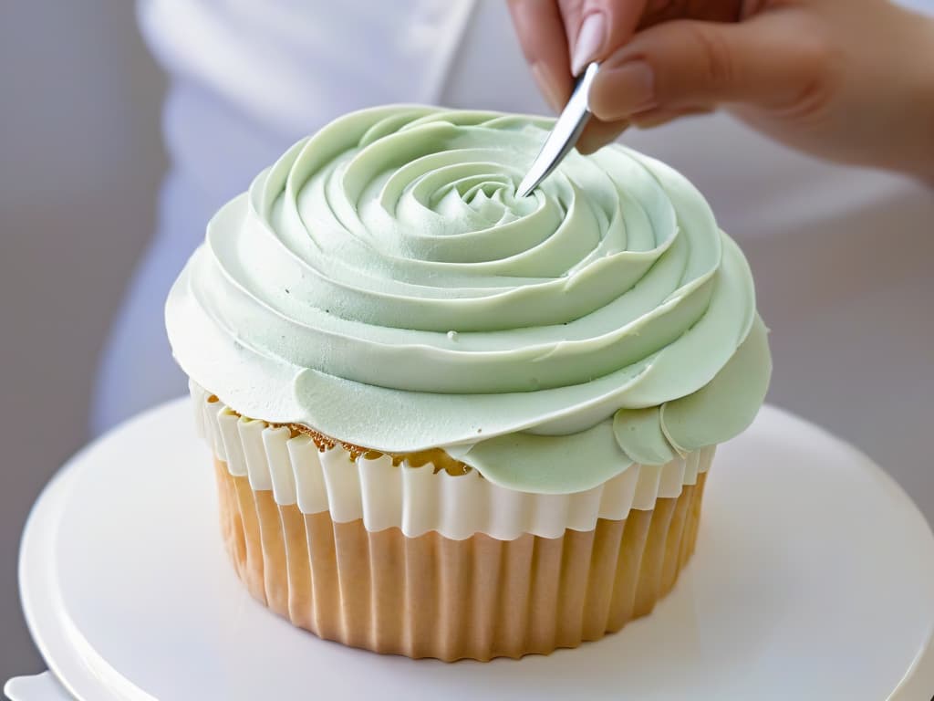  A closeup, ultradetailed image of a baker's hands meticulously piping delicate swirls of frosting onto a perfectly baked cupcake. The hands are adorned with professionalgrade pastry tools, showcasing precision and skill in a minimalistic, elegant setting with soft, natural lighting highlighting the intricate details of the frosting design. The backdrop is a clean, white surface, emphasizing the artistry and craftsmanship involved in the competitionworthy confections. hyperrealistic, full body, detailed clothing, highly detailed, cinematic lighting, stunningly beautiful, intricate, sharp focus, f/1. 8, 85mm, (centered image composition), (professionally color graded), ((bright soft diffused light)), volumetric fog, trending on instagram, trending on tumblr, HDR 4K, 8K