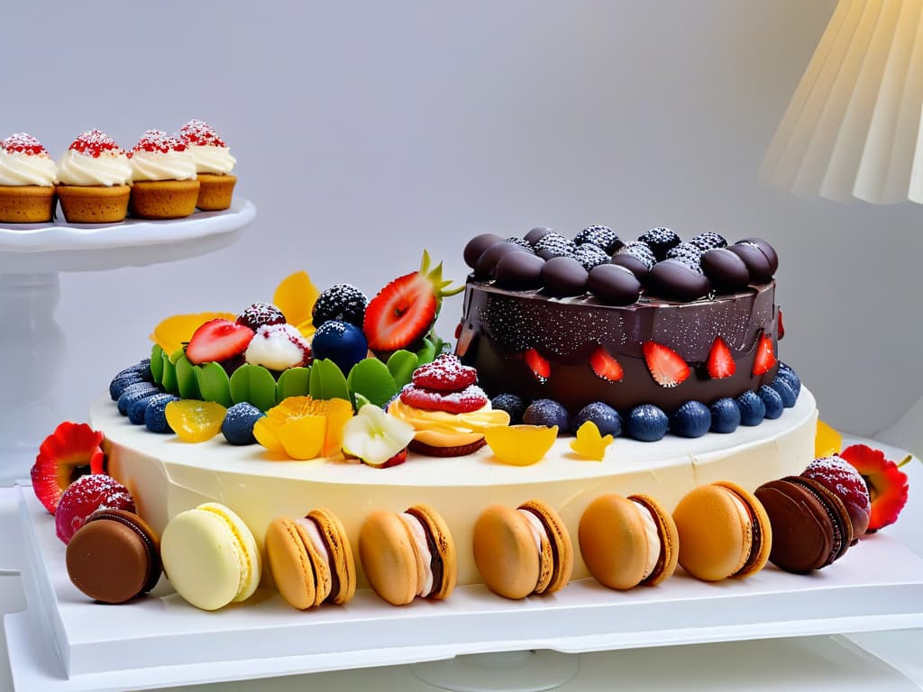  A closeup, ultrahighresolution image of a perfectly styled and visually appealing dessert table featuring an array of iconic dessert items such as macarons, cupcakes, cake pops, and elegantly decorated cakes. The desserts are artfully arranged on modern, sleek platters and stands, with a soft, diffused lighting creating a warm and inviting ambiance. Each dessert is meticulously garnished with fresh fruit, edible flowers, and delicate drizzles of chocolate or caramel, showcasing intricate details and vibrant colors that pop against a clean, white backdrop. The overall aesthetic is sophisticated, chic, and effortlessly stylish, making it an ideal visual representation of turning desserts into merchandising icons. hyperrealistic, full body, detailed clothing, highly detailed, cinematic lighting, stunningly beautiful, intricate, sharp focus, f/1. 8, 85mm, (centered image composition), (professionally color graded), ((bright soft diffused light)), volumetric fog, trending on instagram, trending on tumblr, HDR 4K, 8K