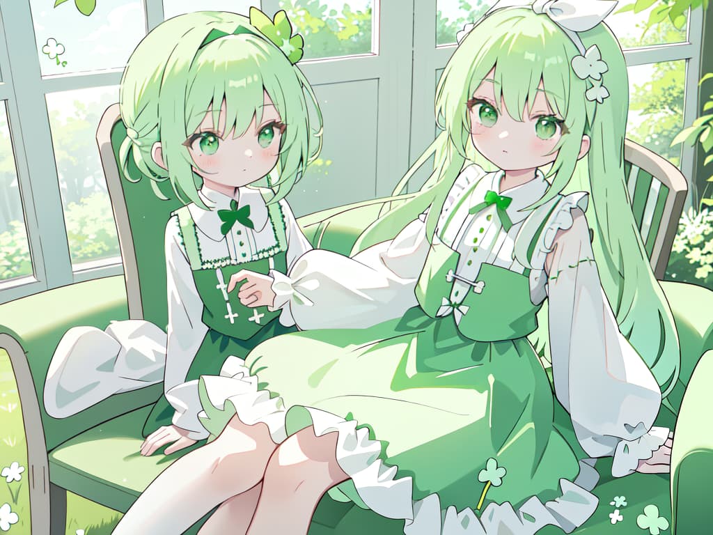  Green Hair, Green Eye, Light Green, clothes are dresses, Skirt, Clover, White Headband, Hikari, Long Hair, sitting, chairs, masterpiece, best quality,8k,ultra detailed,high resolution,an extremely delicate and beautiful,hyper detail