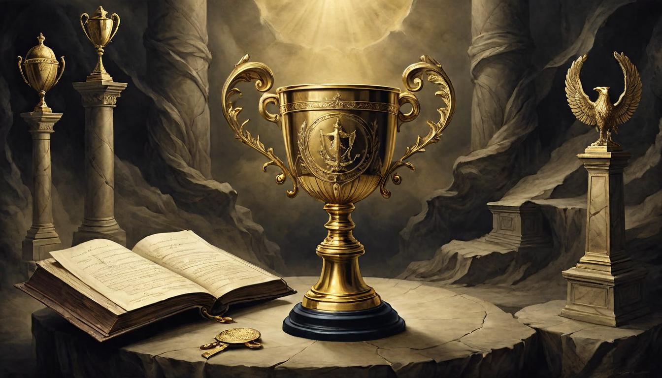  on parchment, surrealism+++, A golden trophy on a pedestal, surrounded by a dark empty void, shiny, triumphant(mysterious, provocative, symbolic,muted color)+++