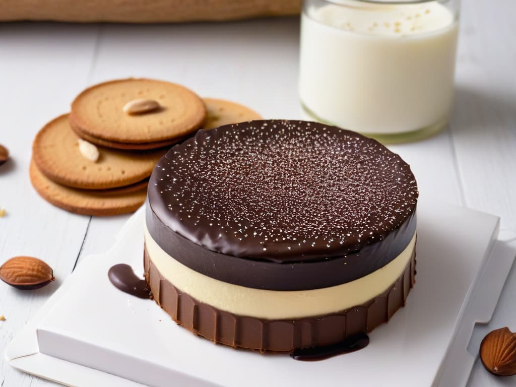  A closeup, ultradetailed image of a freshly baked alfajor with a thin layer of smooth, rich dark chocolate on top, sprinkled with finely chopped almonds, resting on a rustic wooden table. The chocolate glistens under a beam of soft, natural light, showcasing the intricate texture of the cookie and the glossy finish of the chocolate. The almonds are delicately placed, adding a touch of elegance to the simple yet indulgent treat. hyperrealistic, full body, detailed clothing, highly detailed, cinematic lighting, stunningly beautiful, intricate, sharp focus, f/1. 8, 85mm, (centered image composition), (professionally color graded), ((bright soft diffused light)), volumetric fog, trending on instagram, trending on tumblr, HDR 4K, 8K