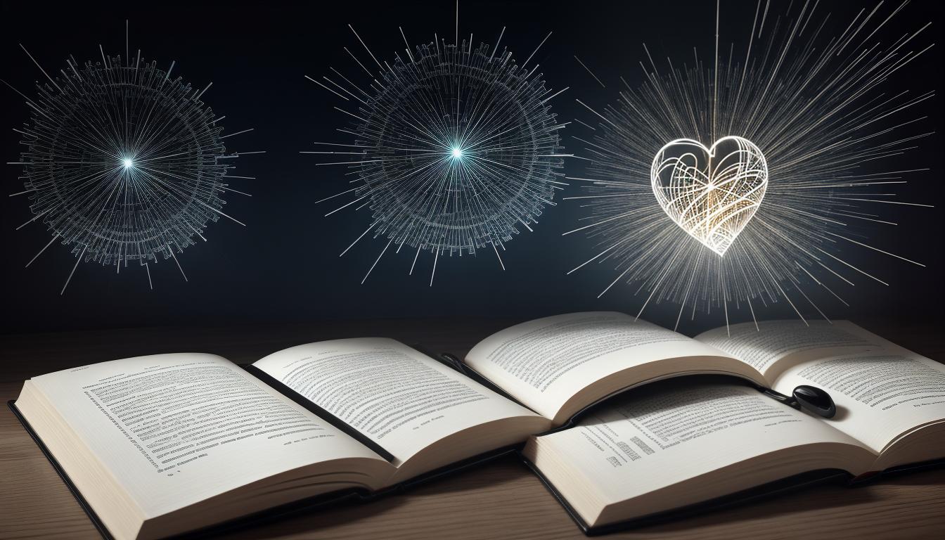  digital illustration, An open book with energy lines radiating from its pages, items like a clock, lightbulb, and heart hovering above the book, glowing and dynamic, detailed textures of paper and ink, symbolizing sharing knowledge and time freely, looking at viewer, dynamic pose, (intricate details, masterpiece, best quality)