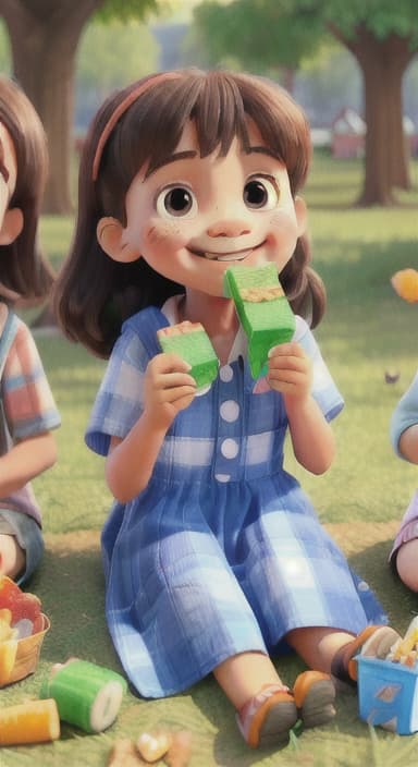  {Kids sitting around a picnic blanket, enjoying juice boxes and snacks., Children happily eating snacks, with crumbs on their faces and big smiles.