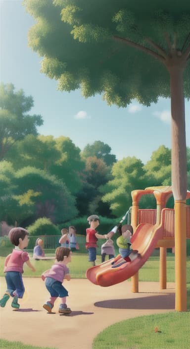  {Children playing in a sunny park with swings and slides., Same group of happy children, now wearing casual play clothes.