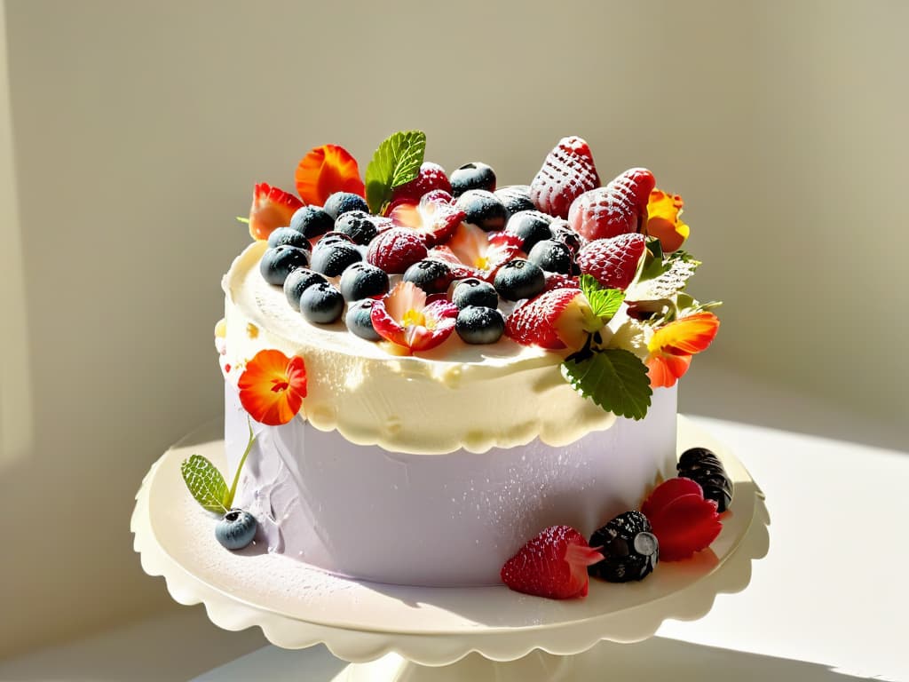  A closeup, photorealistic image of a beautifully decorated cake with intricate frosting details, adorned with fresh berries and edible flowers. The cake is displayed on a pristine white cake stand, set against a softfocus background of a sunlit kitchen. The vibrant colors of the dessert pop against the neutral backdrop, showcasing the artistry and craftsmanship that goes into creating a visually stunning and delectable sweet treat. hyperrealistic, full body, detailed clothing, highly detailed, cinematic lighting, stunningly beautiful, intricate, sharp focus, f/1. 8, 85mm, (centered image composition), (professionally color graded), ((bright soft diffused light)), volumetric fog, trending on instagram, trending on tumblr, HDR 4K, 8K