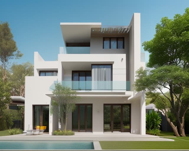  Modern villa exterior architecture, daylight hours, beautiful modern materials, bright colors in harmony with the surrounding landscape