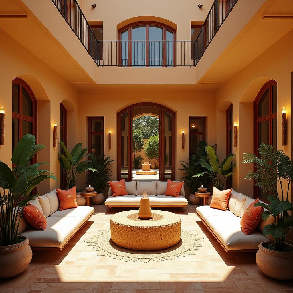  this unedited 8k photograph captures a stunningly beautiful, enclosed courtyard within a building, showcasing a hyperrealistic masterpiece of professional photography. the image, characterized by its intricate details and a professionally color graded aesthetic, features a bright, soft, diffused light that enhances the hyper realistic and photorealistic quality. the space is designed in an african style, highlighted by rich colors, tribal patterns, natural materials, and cultural motifs, which are complemented by sleek minimalism in the decoration, including dense furnishings. this highly detailed, raw image stands out as a pinnacle of photographic art.