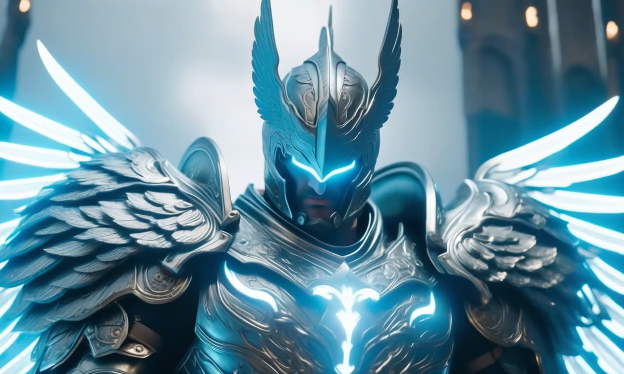  A man angel in heavy silver armor with metallic wings between which silver lightning runs, full grown, he holds a heavy bastion shield in his right hand and a straight two handed sword in his left. 4k hyperrealistic, full body, detailed clothing, highly detailed, cinematic lighting, stunningly beautiful, intricate, sharp focus, f/1. 8, 85mm, (centered image composition), (professionally color graded), ((bright soft diffused light)), volumetric fog, trending on instagram, trending on tumblr, HDR 4K, 8K