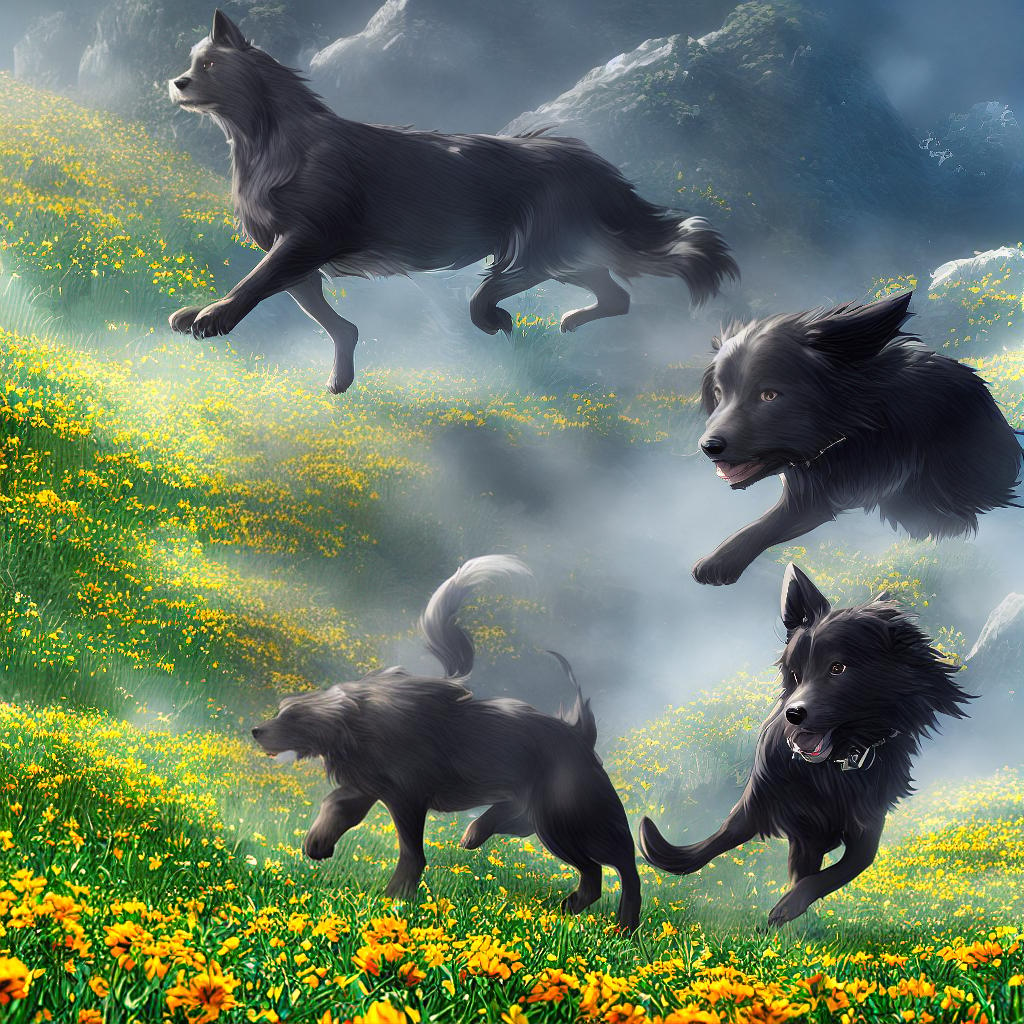  ((Masterpiece)), ((best quality)), 8k, high detailed, ultra-detailed. A happy dog. A dog, with ((shiny black fur)), wagging its tail, (running on a green grassy field), under a clear blue sky, (surrounded by colorful flowers). hyperrealistic, full body, detailed clothing, highly detailed, cinematic lighting, stunningly beautiful, intricate, sharp focus, f/1. 8, 85mm, (centered image composition), (professionally color graded), ((bright soft diffused light)), volumetric fog, trending on instagram, trending on tumblr, HDR 4K, 8K