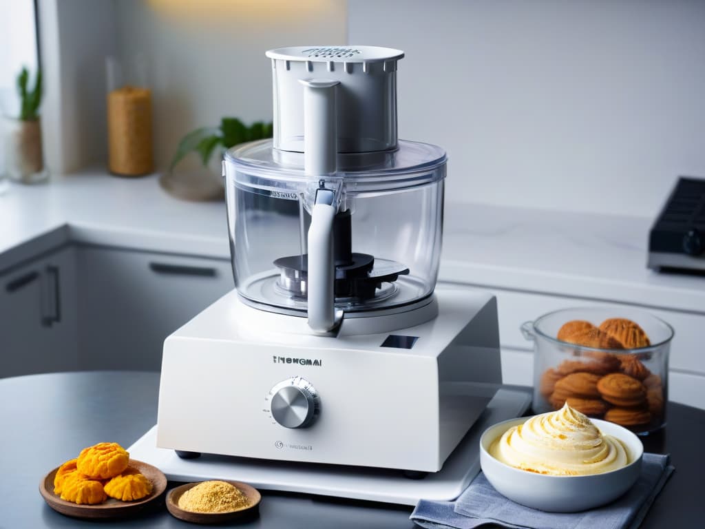  A sleek and modern kitchen countertop featuring a highend food processor specifically designed for fine pastry work. The food processor is a glossy white with chrome accents, showcasing elegant design and precision engineering. The image captures the appliance in action, effortlessly blending ingredients for a delicate cake batter, with flour gently dusting the air in a soft, ethereal manner. The background is intentionally blurred, focusing all attention on the sophisticated food processor and the artistry of pastry making. hyperrealistic, full body, detailed clothing, highly detailed, cinematic lighting, stunningly beautiful, intricate, sharp focus, f/1. 8, 85mm, (centered image composition), (professionally color graded), ((bright soft diffused light)), volumetric fog, trending on instagram, trending on tumblr, HDR 4K, 8K