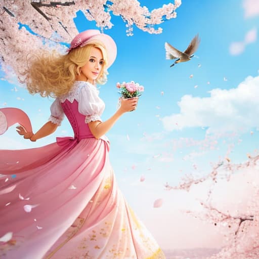  a beautiful lady with perfect face blond hair facing a flying sparrow unreal high quality. Background of Cherry blossom 🌸🌸🌸 flying petals everywhere surreal high quality
