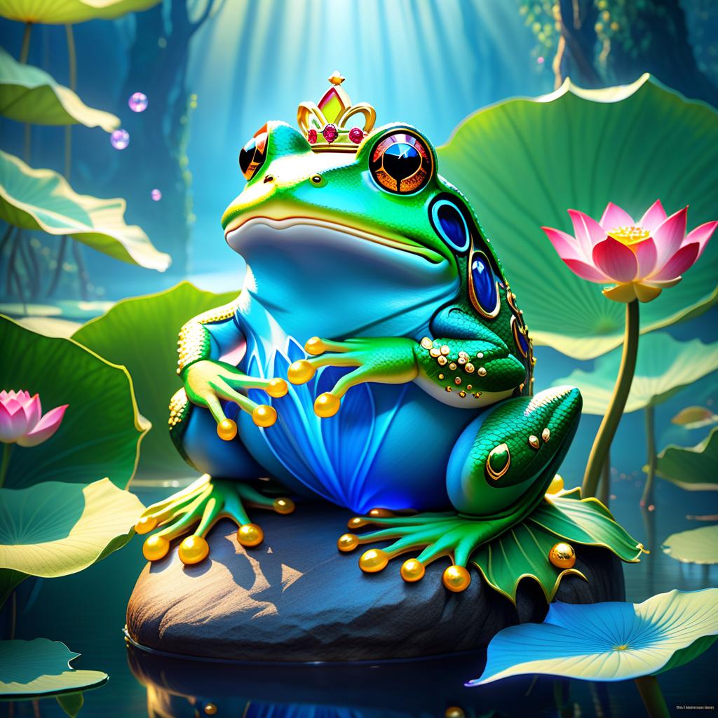  ethereal fantasy concept art of (Background): a lake with blooming lotuses of different shades: from white pink to bright crimson and leaves of tender green colour. The sky above the lake of dark blue colour with golden stars scattered on it. (Fantasy Princess Frog): in the centre of the lake on the biggest lotus flower sits a charming frog in a golden crown decorated with blue and blue precious stones. In his paws he holds a ring decorated with blue stones. Style: fantasy, Russian fairy tales, illustrations. . magnificent, celestial, ethereal, painterly, epic, majestic, magical, fantasy art, cover art, dreamy hyperrealistic, full body, detailed clothing, highly detailed, cinematic lighting, stunningly beautiful, intricate, sharp focus, f/1. 8, 85mm, (centered image composition), (professionally color graded), ((bright soft diffused light)), volumetric fog, trending on instagram, trending on tumblr, HDR 4K, 8K