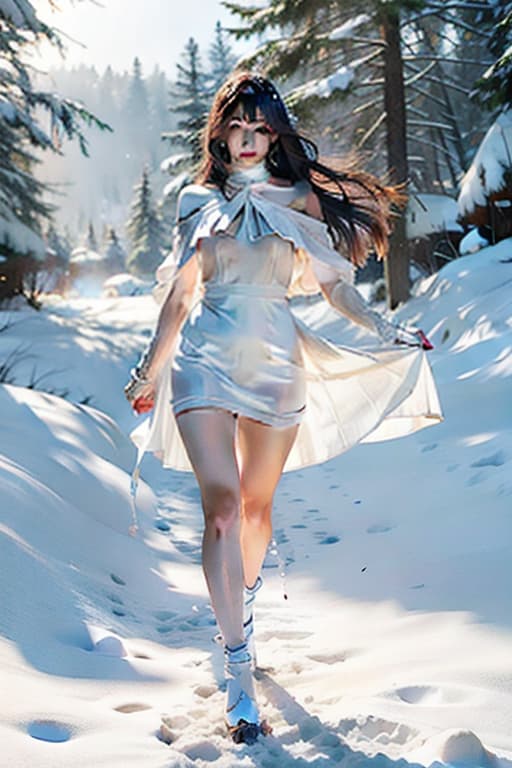  Anime girl in the snow dancing hyperrealistic, full body, detailed clothing, highly detailed, cinematic lighting, stunningly beautiful, intricate, sharp focus, f/1. 8, 85mm, (centered image composition), (professionally color graded), ((bright soft diffused light)), volumetric fog, trending on instagram, trending on tumblr, HDR 4K, 8K