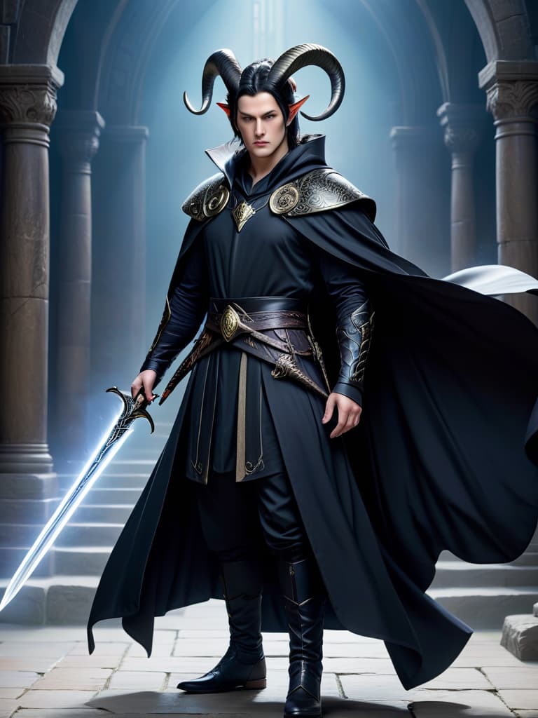  masterpiece, best quality, official art, extremely detailed cg 8k, award winning, professional, highly detailed, breathtaking Make a panned out photo of a white man with black ram horns and short black hair wearing a black flowing cape over his left shoulder and is holding a long sword with a dragon design with talons in his right hand, Man, Villain, Legend, black hair, hair over one eye, horns, masterpiece, best quality,1man, warlock, Mysterious expression, magical dark sword, magical effects like darkness , flowing dark robes, rim lighting, side lighting, cinematic light, ultra high res 8k UHD, film grain, best shadow, delicate, RAW, light particles, detailed skin texture, detailed cloth texture, beautifully detailed face, intricate detai