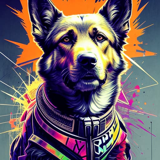  German Shepard cyberpunk , Acid wash effect, perfect anatomy, centered, approaching perfection, dynamic, highly detailed, artstation, concept art, smooth, sharp focus, illustration, art by Carne Griffiths and Wadim Kashin, graffiti airbrushing techniques, high definition, accent lighting, contrasted with bright paint colors, by Squal92i