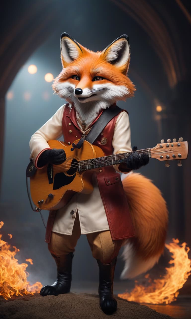  A fiery fox with a tail is playing the guitar and singing hyperrealistic, full body, detailed clothing, highly detailed, cinematic lighting, stunningly beautiful, intricate, sharp focus, f/1. 8, 85mm, (centered image composition), (professionally color graded), ((bright soft diffused light)), volumetric fog, trending on instagram, trending on tumblr, HDR 4K, 8K