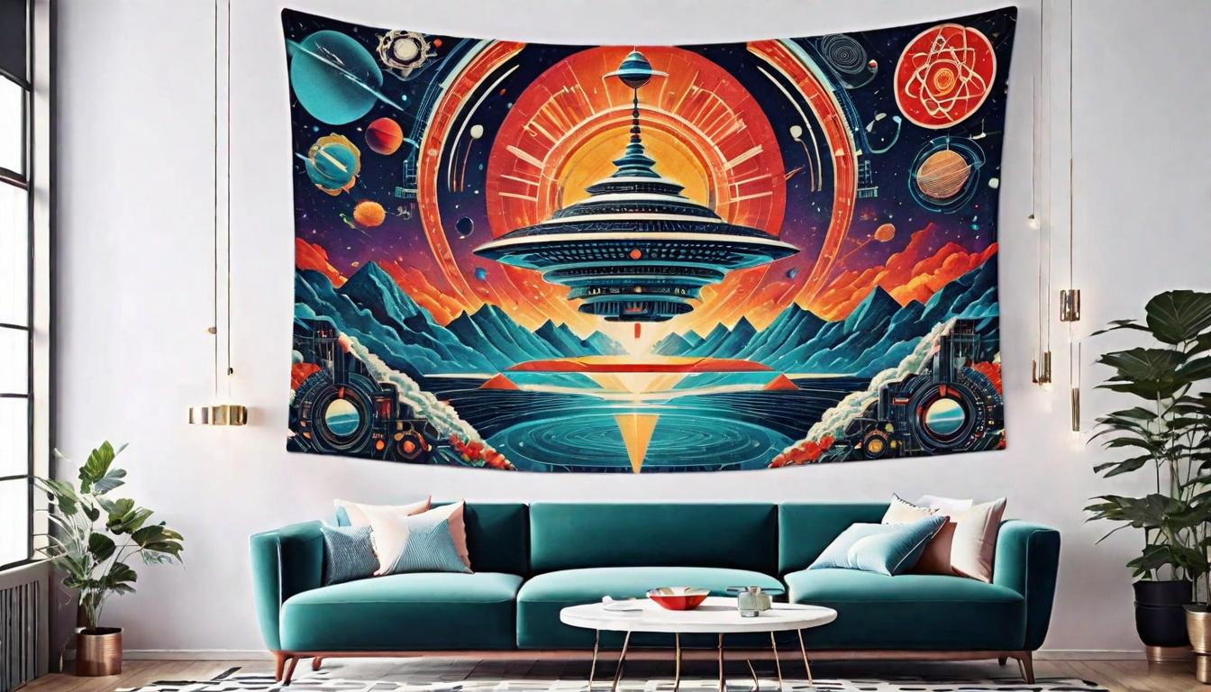  retro futuristic A tapestry woven with intricate patterns and symbols, each thread representing a different trial and wisdom gained, embodying layered understanding, the fabric of experience, patterns of pain and learning, a mosaic of resilience lvintage sci fi, 50s and 60s style, atomic age, vibrant, highly detailed