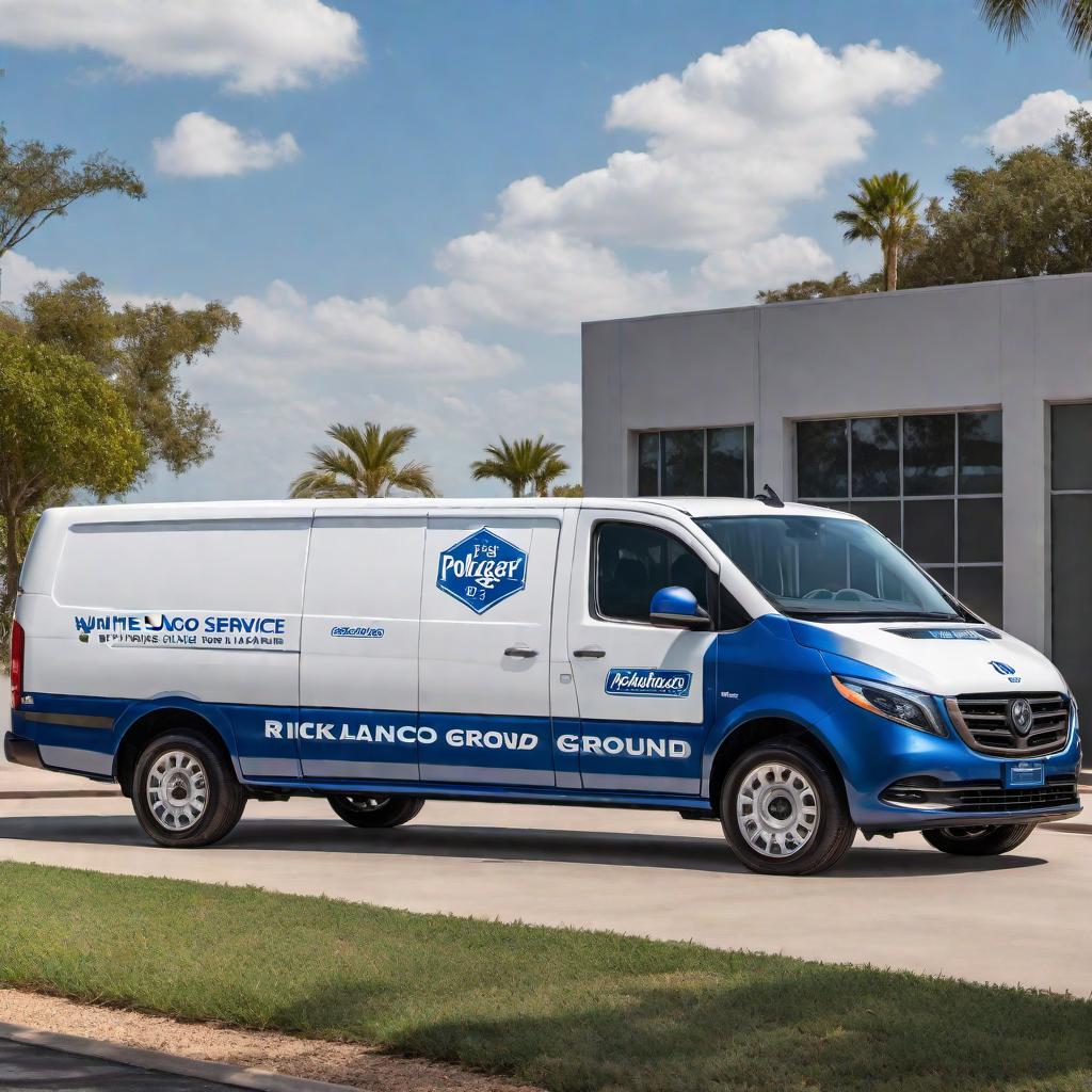  Recreate the image of a white cargo van with dodger blue lettering displaying the name 'Polanco Ground Service' or 'Rick Polancos Ground Service'. The design should be clean and professional, emphasizing the company name on the side of the van. hyperrealistic, full body, detailed clothing, highly detailed, cinematic lighting, stunningly beautiful, intricate, sharp focus, f/1. 8, 85mm, (centered image composition), (professionally color graded), ((bright soft diffused light)), volumetric fog, trending on instagram, trending on tumblr, HDR 4K, 8K