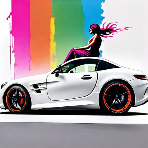  ((white background)),Banksy style, graffiti style Impactful composition, neon heat splash paint across the shape of a Long haired Italian woman sitting on the bonnet of a Mercedes sports car, ((artistic)), body shoot, high detail, vibrant, urban, detailed, tag, mural hyperrealistic, full body, detailed clothing, highly detailed, cinematic lighting, stunningly beautiful, intricate, sharp focus, f/1. 8, 85mm, (centered image composition), (professionally color graded), ((bright soft diffused light)), volumetric fog, trending on instagram, trending on tumblr, HDR 4K, 8K