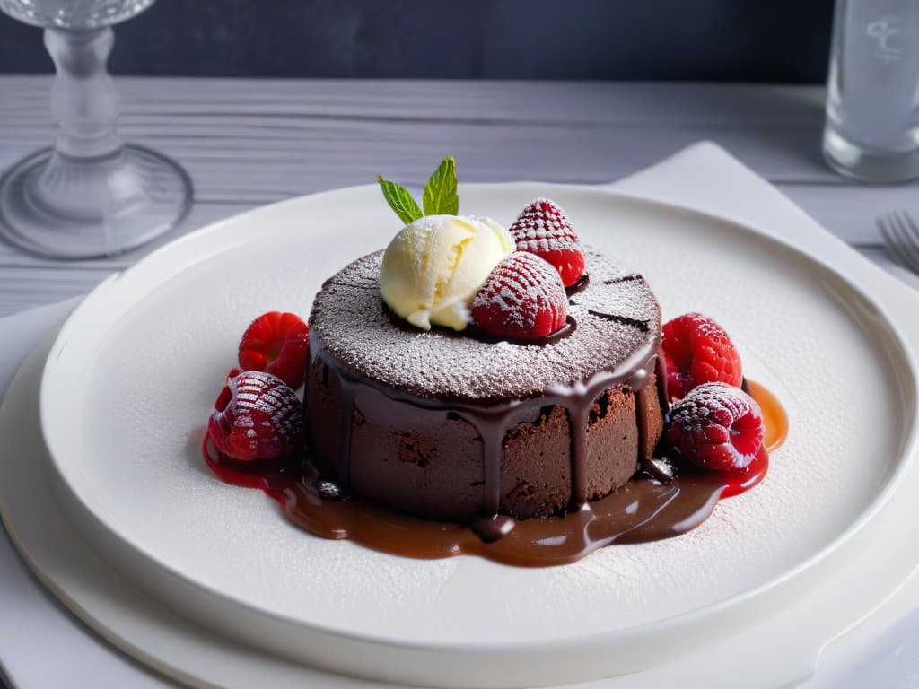  A minimalist image of a decadent vegan chocolate lava cake topped with a scoop of creamy dairyfree vanilla ice cream, drizzled with warm raspberry coulis, all presented on a sleek white plate against a dark, moody background. The cake is perfectly moist and gooey, with a rich chocolatey center oozing out, creating a visually striking and appetizing contrast of textures and flavors. The presentation is elegant and inviting, appealing to both vegans and nonvegans alike, capturing the essence of indulgent winter desserts in a simple yet sophisticated manner. hyperrealistic, full body, detailed clothing, highly detailed, cinematic lighting, stunningly beautiful, intricate, sharp focus, f/1. 8, 85mm, (centered image composition), (professionally color graded), ((bright soft diffused light)), volumetric fog, trending on instagram, trending on tumblr, HDR 4K, 8K