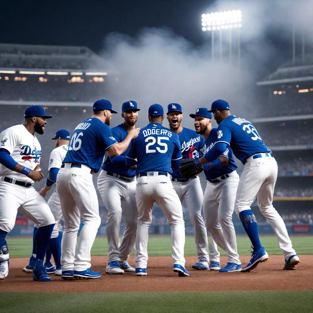  An artistic representation of the Los Angeles Dodgers celebrating a victory on the baseball field. hyperrealistic, full body, detailed clothing, highly detailed, cinematic lighting, stunningly beautiful, intricate, sharp focus, f/1. 8, 85mm, (centered image composition), (professionally color graded), ((bright soft diffused light)), volumetric fog, trending on instagram, trending on tumblr, HDR 4K, 8K